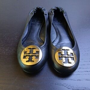 Tory Burch Reva Black Leather Ballet Flats Gold Logo Medallion Scrunch Sz 5.5